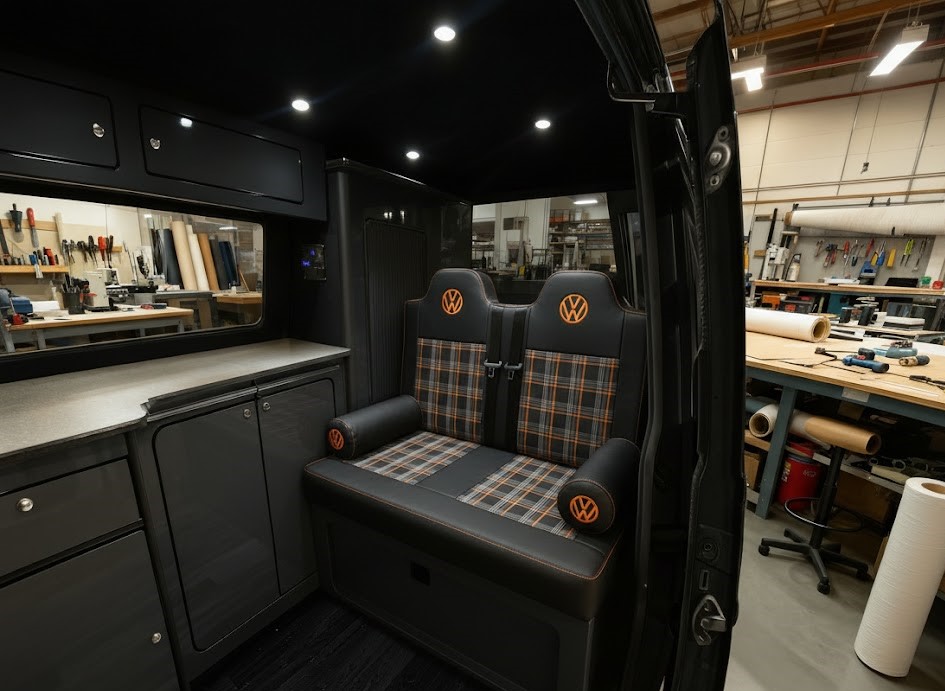 Custom rock n roll bed black vinyl orange stitch VW plaid VW logo Blue Note Upholstery